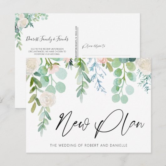 Trouw NIEUW PLAN Waterverf Bloemige Groene Tinten Aankondigingskaart (Voorkant / Achterkant)