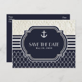 Trouw op het strand in marineblauw en wit Save the Aankondigingskaart (Voorkant / Achterkant)
