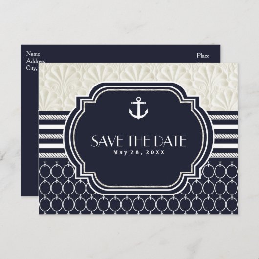 Trouw op het strand in marineblauw en wit Save the Aankondigingskaart (Voorkant / Achterkant)