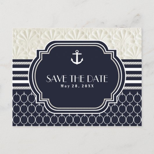 Trouw op het strand in marineblauw en wit Save the Aankondigingskaart (Voorkant)