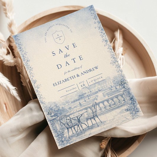 Trouw op het terras van French Blue Estate Save The Date