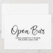 Trouw "Open Bar" bord | Stijlvolle letters Kaart (Voorkant / Achterkant)