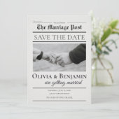 Trouw opslag in krantstijl save the date (Staand voorkant)