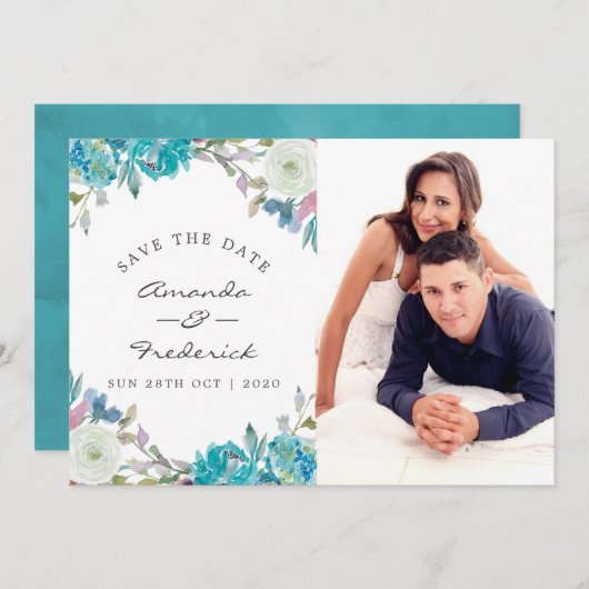 Trouw opslagkaart 'Dusty Blue en Turquoise' Save The Date (Voorkant / Achterkant)