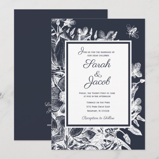 Trouw Ornate Vintage Bloem Navy & Wit Kaart (Voorkant / Achterkant)