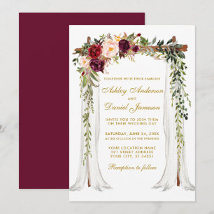 Trouw Overkapping Aquarel Bloemen Goud Bourgondië Kaart