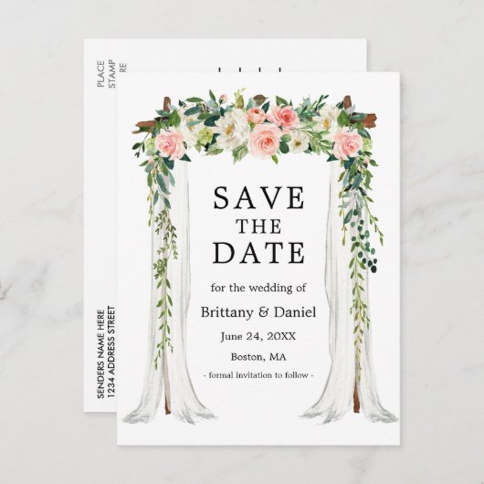 Trouw Overkapping Boog Aquarel Roze Witte Bloemen Aankondigingskaart (Voorkant / Achterkant)