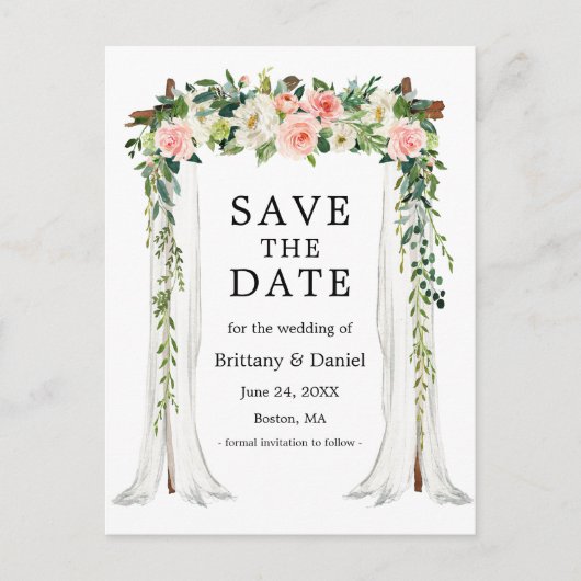 Trouw Overkapping Boog Aquarel Roze Witte Bloemen Aankondigingskaart (Voorkant)