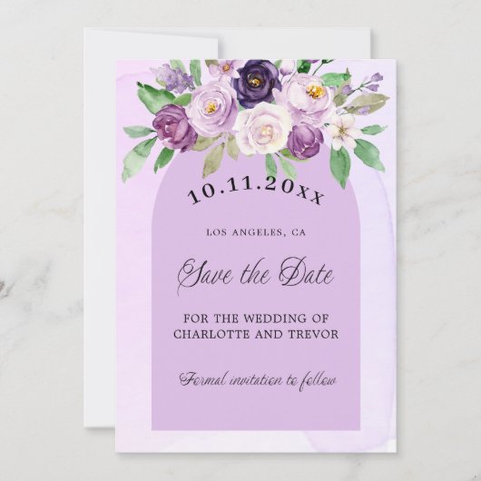 Trouw paarse violette bloemen boog QR-code website Save The Date (Voorkant)