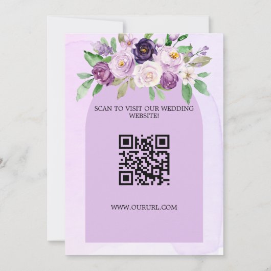 Trouw paarse violette bloemen boog QR-code website Save The Date (Achterkant)