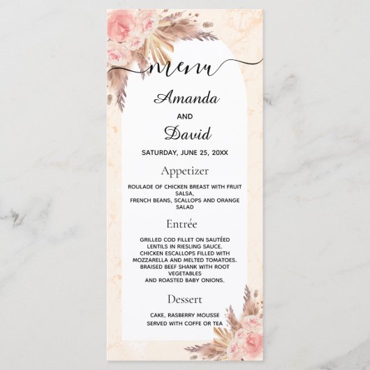 Trouw pampas gras roze goud bloem marble menu (Voorkant)