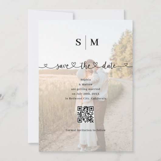 Trouw QR-code foto hart script Save The Date (Voorkant)