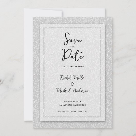 Trouw QR-code in bloemmotief grijs Save The Date (Voorkant)