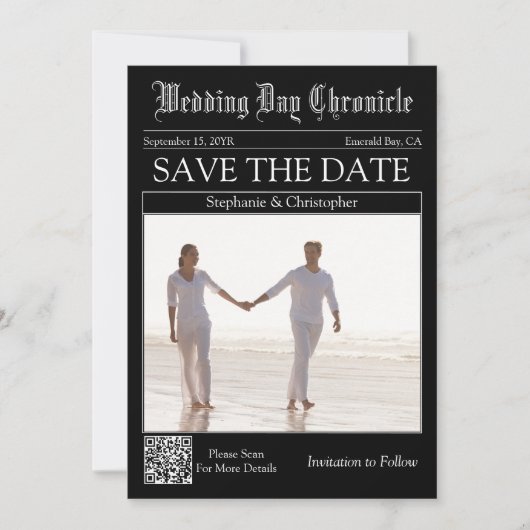 Trouw QR-code krantenstijl Save the Date (Voorkant)