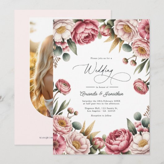 Trouw-QR-code met bloemen in Blush, Stof Roze & Go Kaart (Voorkant / Achterkant)