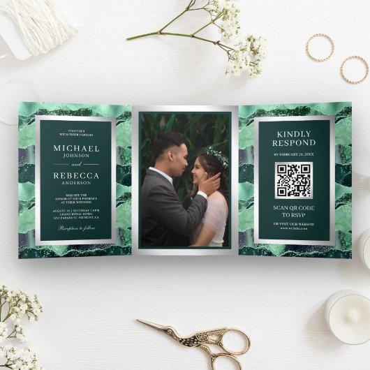 Trouw QR Code Zeegroene Glitter Agate Marmer Drieluik Uitnodiging