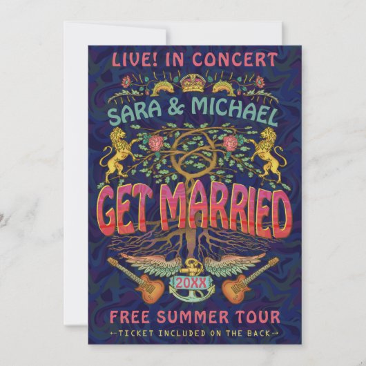 Trouw Retro 70s Band Concert Ticket Thema Kaart (Voorkant)