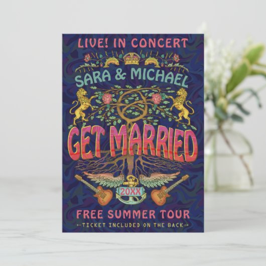 Trouw Retro 70s Band Concert Ticket Thema Kaart (Staand voorkant)