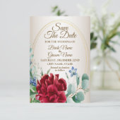 Trouw Rood Bloem Groen Blad Gouden Frame Lichtbrui Save The Date (Staand voorkant)