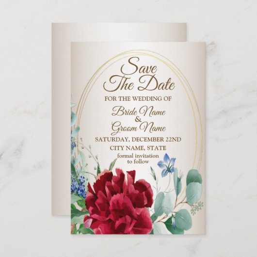 Trouw Rood Bloem Groen Blad Gouden Frame Lichtbrui Save The Date (Voorkant / Achterkant)