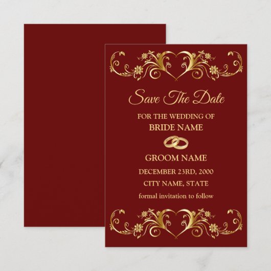 Trouw Rood Gouden Geometrisch Patroon Elegant Save The Date (Voorkant / Achterkant)