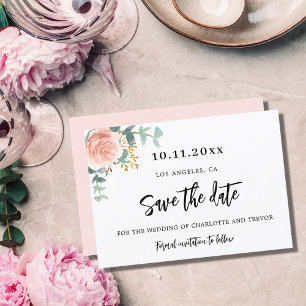 Trouw roos goud bloemige eucalyptus save the date