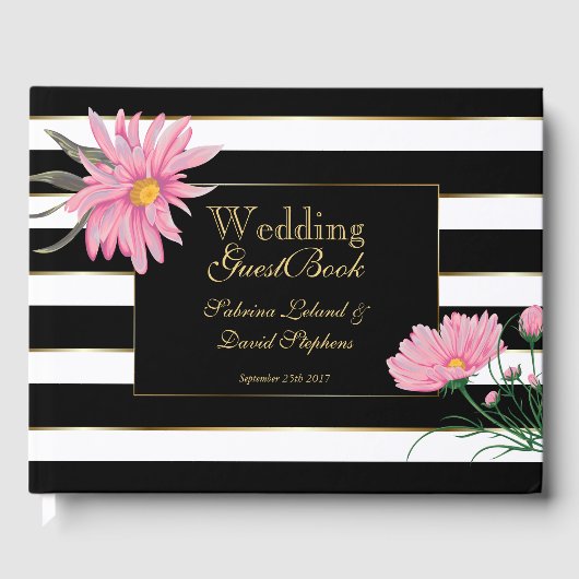 Trouw Roze Chrysanthemum Zwart Witte Strepen Gastenboek (Voorkant)