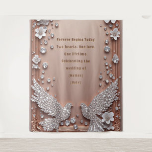 Trouw Roze Gouden Frame Met Diamanten Duiven Wandkleed