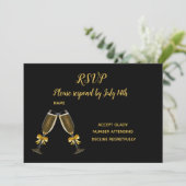 Trouw-RSVD zwart en gouden champagneglazen Kaart (Staand voorkant)