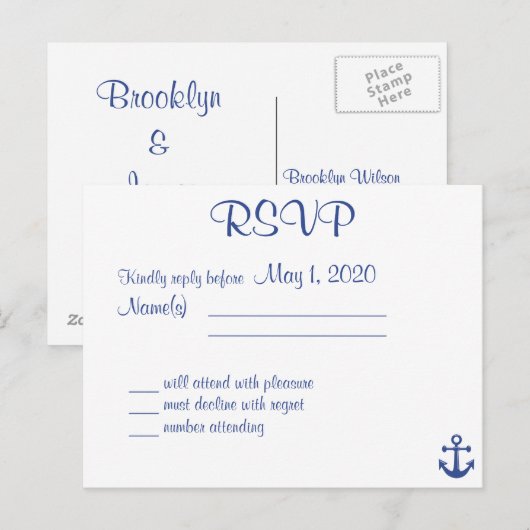 Trouw RSVP-ansichtkaart met namen in nautische sti Uitnodiging Briefkaart (Voorkant / Achterkant)