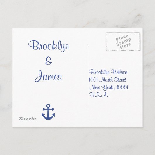 Trouw RSVP-ansichtkaart met namen in nautische sti Uitnodiging Briefkaart (Achterkant)