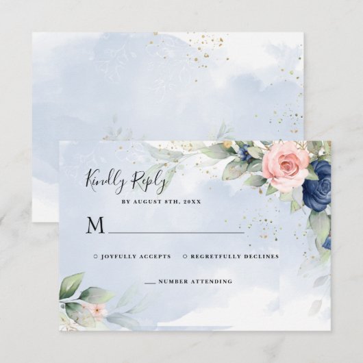 Trouw RSVP-antwoordkaart in Navyblauw en Blushroze RSVP Kaartje (Voorkant / Achterkant)