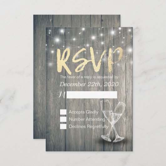 Trouw RSVP Champagne Glazen Houten Slingerlichtjes (Voorkant / Achterkant)