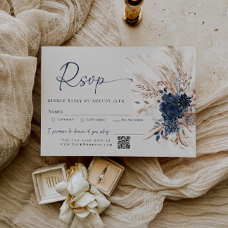Trouw-RSvp in marineblauwe boho-stijl met pampasgr RSVP Kaartje