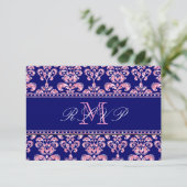 Trouw-RSVP in Navyblauw Damast met Roze Glitters RSVP Kaartje (Staand voorkant)
