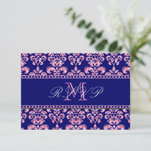 Trouw-RSVP in Navyblauw Damast met Roze Glitters RSVP Kaartje (Staand voorkant)