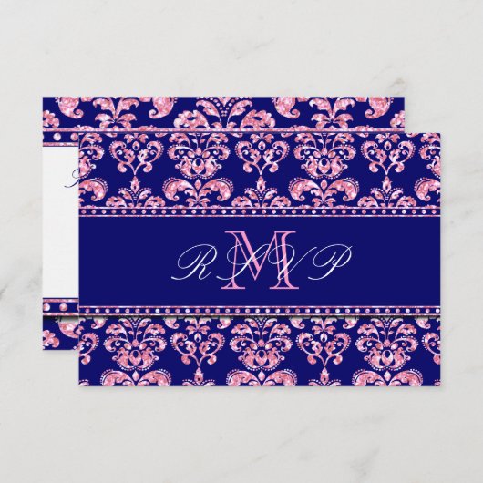 Trouw-RSVP in Navyblauw Damast met Roze Glitters RSVP Kaartje (Voorkant / Achterkant)