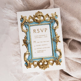 Trouw-RSVP in vintage rococo blauwe gouden lijst Informatiekaartje