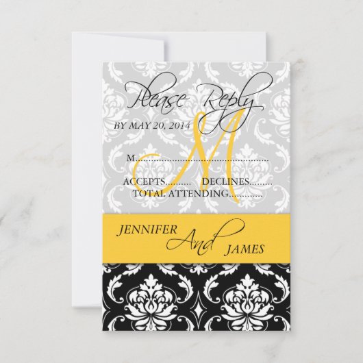 Trouw RSVP KAART Damask Monogram Naam Geel (Voorkant)