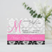Trouw RSVP Kaart Damask Monogram Naam Heet Roze (Staand voorkant)