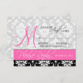 Trouw RSVP Kaart Damask Monogram Naam Heet Roze (Voorkant / Achterkant)