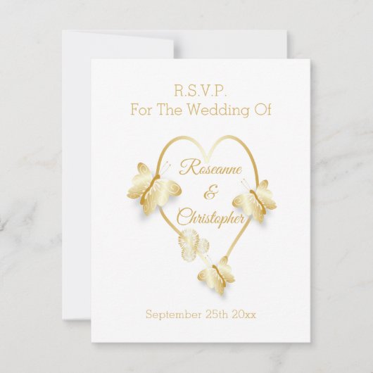 Trouw RSVP kaart gouden hart vlinder (Voorkant)