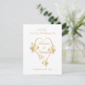 Trouw RSVP kaart gouden hart vlinder (Staand voorkant)