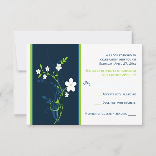 Trouw RSVP kaart in Navy, Lime en Witte Bloemen (Voorkant)