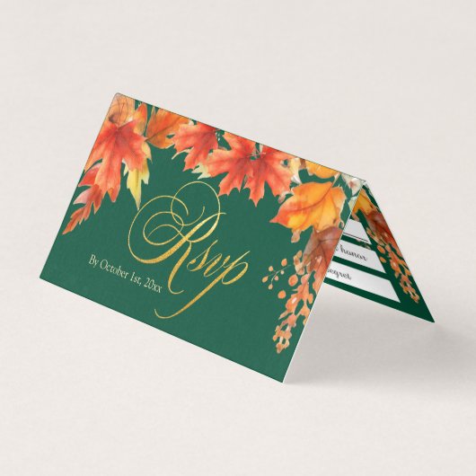 Trouw RSVP kaart met gouden letters en vallende es (Voorkant)