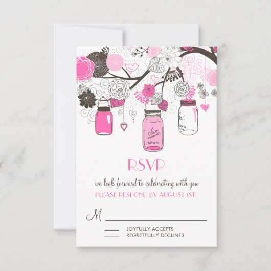 Trouw RSVP kaart met hete roze metseljars (Voorkant)