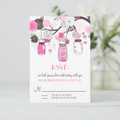 Trouw RSVP kaart met hete roze metseljars (Staand voorkant)
