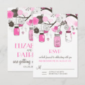 Trouw RSVP kaart met hete roze metseljars (Voorkant / Achterkant)