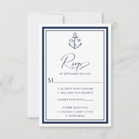 Trouw-RSVP-kaart met marinierskleurig anker-monogr RSVP Kaartje (Voorkant)