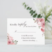 Trouw RSVP kaart met roze roos (Staand voorkant)